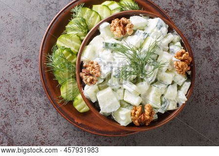Bulgarian Cucumber And Yogurt Salad Snezhanka Close-up In A Bowl On The Table. Horizontal Top View F