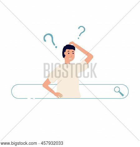 Search Results Banner. Man Thinking Standing Inside Search Bar. Thinking And Scratching Head. Proble