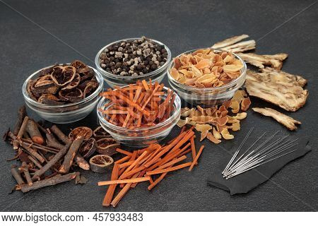 Chinese Acupuncture Needles For Alternative Therapy. Used With Herbs And Spice In Natural Healing Re