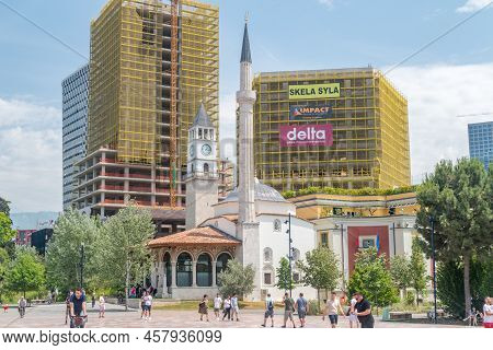 Tirana, Albania - June 4, 2022: Et'hem Bey Mosque, Clock Tower On Skanderbeg Square.