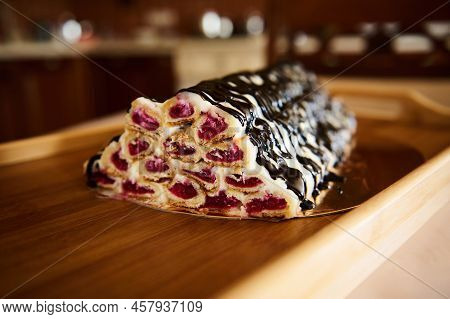 Close-up Of A Cherry Cake - Monastery Hut On A Wooden Surface. Pastry Item. Pastry Item, Homemade Co