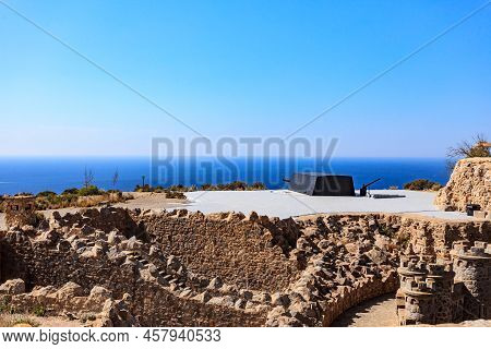 Tourist Attraction. The Gun Battery Of Castillitos In Spain Cartagena, Stone Castle Fortifications.