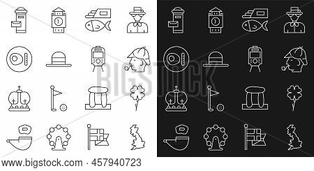 Set Line England Map, Four Leaf Clover, Sherlock Holmes, Fish Chips, Elegant Women Hat, British Brea