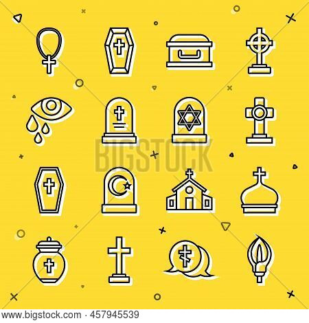 Set Line Lily Flower, Church Tower, Grave With Cross, Coffin, Tombstone, Tear Cry Eye, Christian Cha