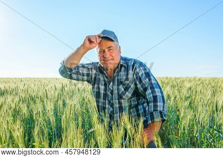 Mature Male Farmer In Cap Looking At Camera While Hunkering Down In Agricultural Plantation With Gre