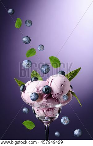 Blueberry Ice Cream With Mint And Berries. Copy Space.