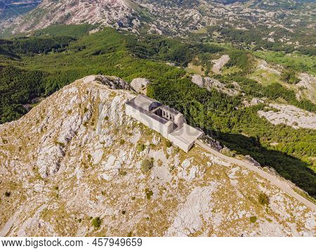 Montenegro. Lovcen National Park. Mausoleum Of Negosh On Mount Lovcen. Drone. Aerial View. Viewpoint