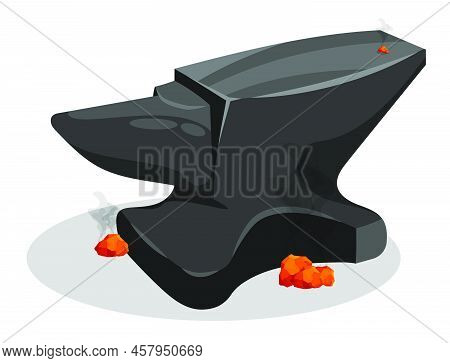 Heavy Iron Anvil In Blacksmith Shop. Blacksmith Craft, Production Of Metal Products. Cartoon Vector 