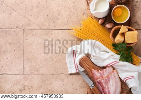 Ingredients For Pasta Carbonara. Traidtional Italian Pasta Carbonara Ingredients Bacon, Spaghetti, P