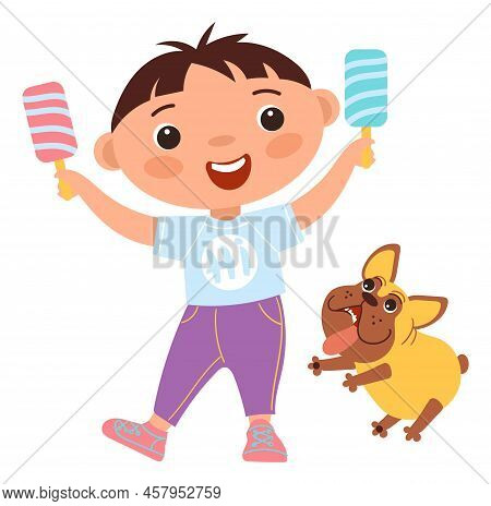 Child With Popsickles In Hands And Funny Dog. Happy Cartoon Boy
