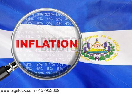 Magnifying Glass Focused On The Word Inflation On El Salvador Flag Background. Hike Interest Rate. I
