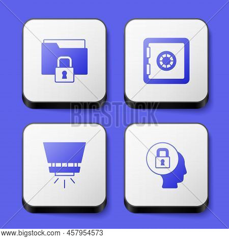 Set Folder And Lock, Safe, Fire Sprinkler System And Lock Icon. White Square Button. Vector