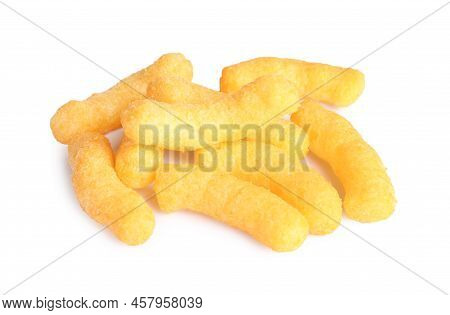 Many Tasty Cheesy Corn Puffs Isolated On White