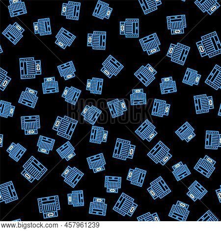 Line Hotel Ukraina Building Icon Isolated Seamless Pattern On Black Background. Vector