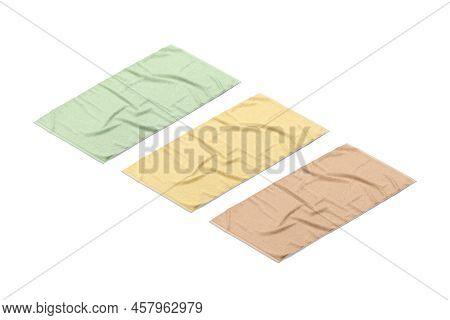 Blaank Colored Crumpled Big Towel Mockup, Side View, 3d Rendering. Empty Green, Yellow And Beige Ter