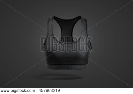 Blank Black Woman Sport Top Mockup, Dark Background, 3d Rendering. Empty Muscle Slim-fitting Tanktop