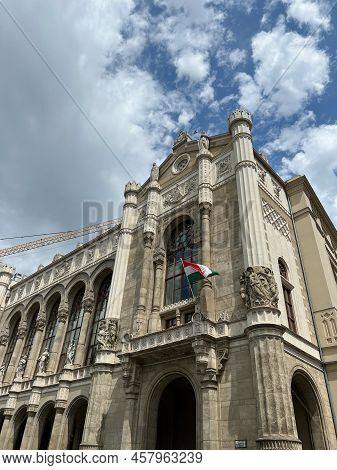 Facade Of The Vigado Concert Hall With The Flag Of Hungary On The Flagpole. Budapest