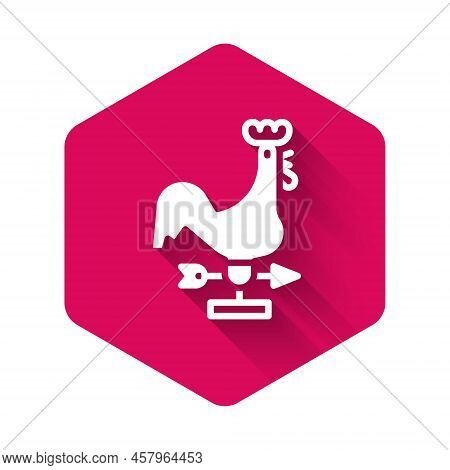 White Rooster Weather Vane Icon Isolated With Long Shadow. Weathercock Sign. Windvane Rooster. Pink 