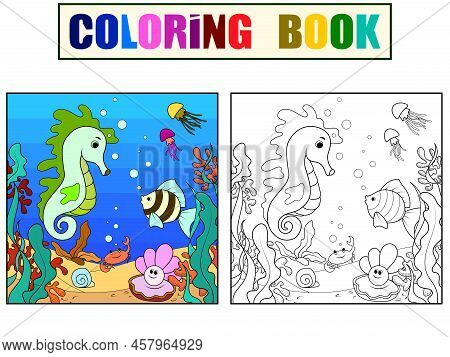 Set Coloring Book And Color Picture, Learning Colors. Children, Seabed And Its Inhabitants.