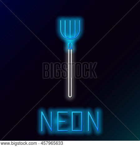 Glowing Neon Line Garden Pitchfork Icon Isolated On Black Background. Garden Fork Sign. Tool For Hor