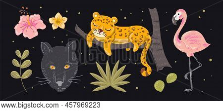 Set Of Wild And Tropical Animals. Stickers With Panther, Cheetah, Pink Flamingo And Exotic Plants. D