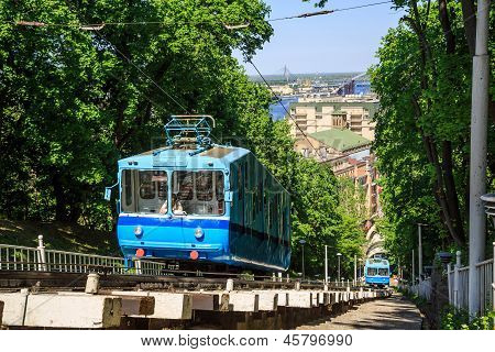 Funicular Trains Moving On The Hill