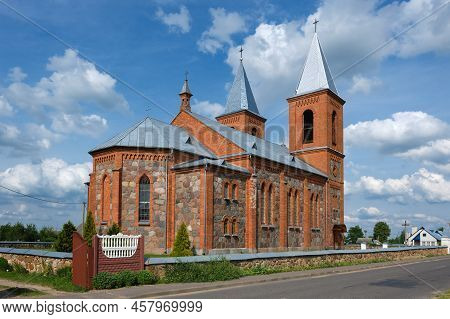 Old Ancient Catholic Church Of St Simeon And Tadeusz In Lazduny Village, Grodno Region, Belarus.