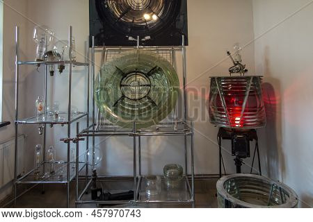 Rozewie, Poland, May 12, 2022: Old Glasses And Lamps From The Rozewie Lighthouse On The Baltic Sea I