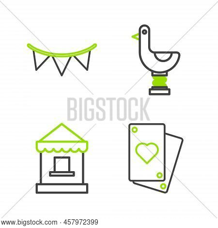 Set Line Playing Card, Ticket Box Office, Riding Kid Duck And Carnival Garland With Flags Icon. Vect
