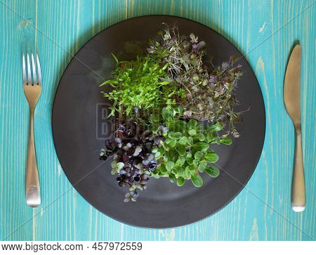 Different Varieties Of Micro-greenery On A Round Black Plate. On A Blue Wooden Background, Top View