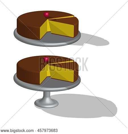 Carrot Cake Vector Stock Illustration. Carrot Cake With Chocolate And Cherry On Top. Placed On A Sil