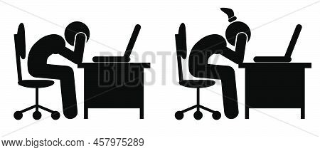 Vector Set 2 Stress Stick Man Stickman Man And Woman Sit Work With Notebook Or Laptop.
