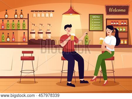 Bar Or Pub At Evening With Alcohol Drinks Bottles, Bartender, Table, Interior And Chairs In Indoor R