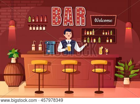 Bar Or Pub At Evening With Alcohol Drinks Bottles, Bartender, Table, Interior And Chairs In Indoor R