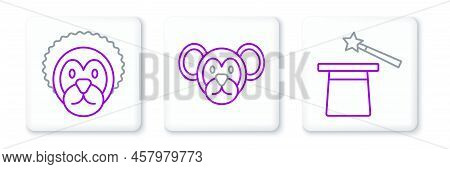 Set Line Magic Hat And Wand, Wild Lion And Monkey Icon. Vector