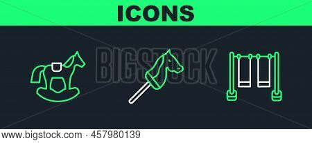 Set Line Double Swing, Horse Saddle And Toy Horse Icon. Vector