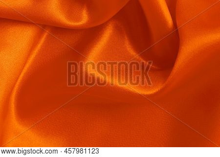 Orange Fabric Cloth Texture For Background And Design Art Work, Beautiful Crumpled Pattern Of Silk O