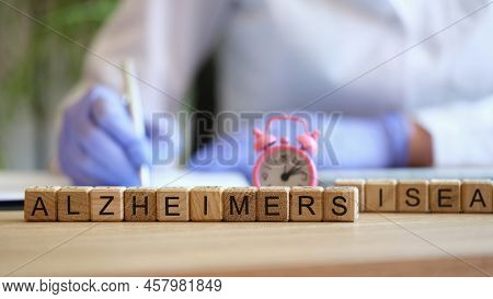 Close-up Of Alzheimer Word Collected With Wooden Blocks In Row. Alzheimers Disease, Progressive Neur
