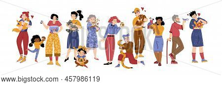 People With Pets, Male And Female Characters Spend Time With Their Home Animals Hedgehog, Raccoon, H