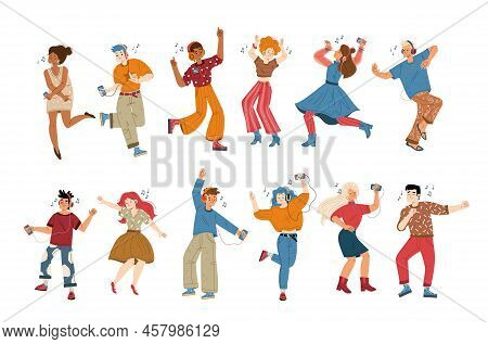 People Listen Music And Dance, Set Of Male And Female Characters With Players And Headphones Enjoyin