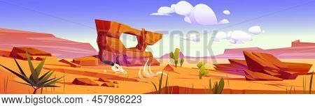 Arizona Desert Landscape, Wild West Background With Golden Sand Dunes And Stones Under Blue Sky. Dry