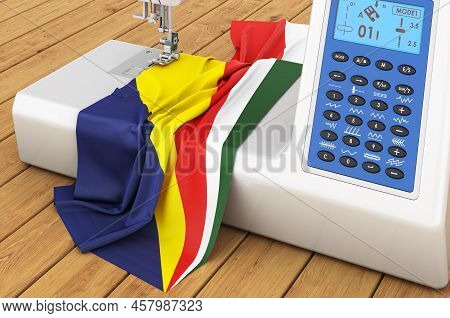 Modern Sewing Machine With Seychelloise Flag On The Wooden Table. 3d Rendering