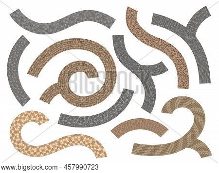 Sidewalk Stone Path. Pavement Tiles Road Of Bricks Cobblestones And Concrete, Outdoor Decoration Gar