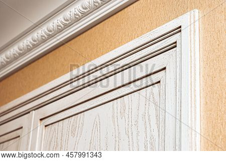 Fragment Of Built-in Wardrobe Made Of Veneer And Solid Ash In Light Enamel With Gray Patina. Decorat