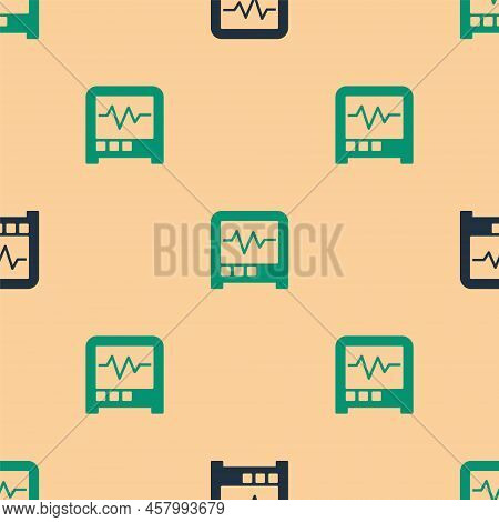 Green And Black Seismograph Icon Isolated Seamless Pattern On Beige Background. Earthquake Analog Se