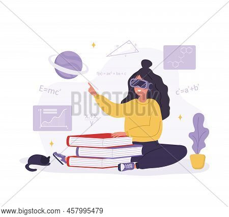 Metaverse Online Education. Woman Learning In Vr Glasses. Cyberspace Or Virtual Reality Concept. Mod