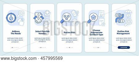 Procurement Process Flow Light Blue Onboarding Mobile App Screen. Walkthrough 5 Steps Editable Graph