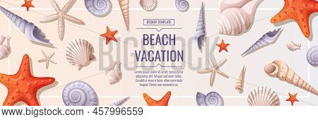 Nautical Banner With Shells And Starfish. Beach Holidays, Summer Holidays, Marine Theme. Webbaner, P