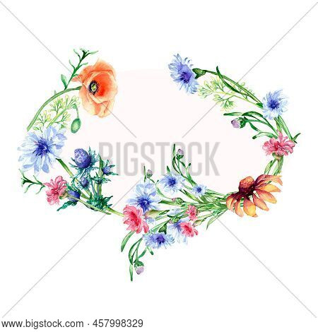 Frame With Meadow Colorful Flowers Watercolor Illustration Isolated.