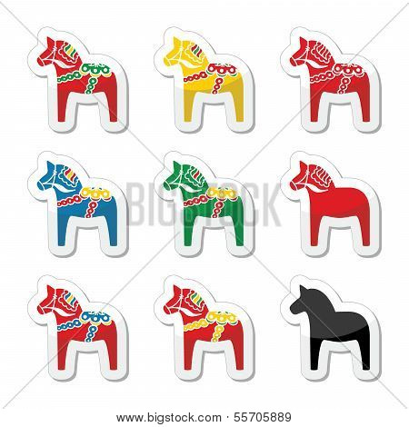 Swedish dala horse vector icons set
